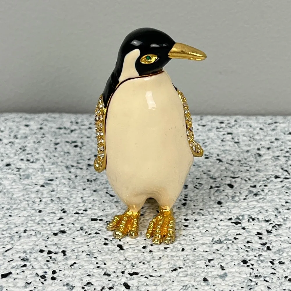 Penguin Trinket Box‎ Enameled Metal Rhinestone Hinged Collectible
